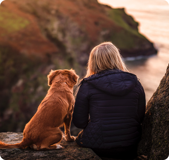 Frau und Hund sitzen zusammen und blicken aufs Meer bei Sonnenuntergang.